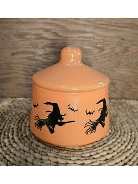 Vintage Indiana Glass Halloween Witch Bat Lidded Jar Candy Dish